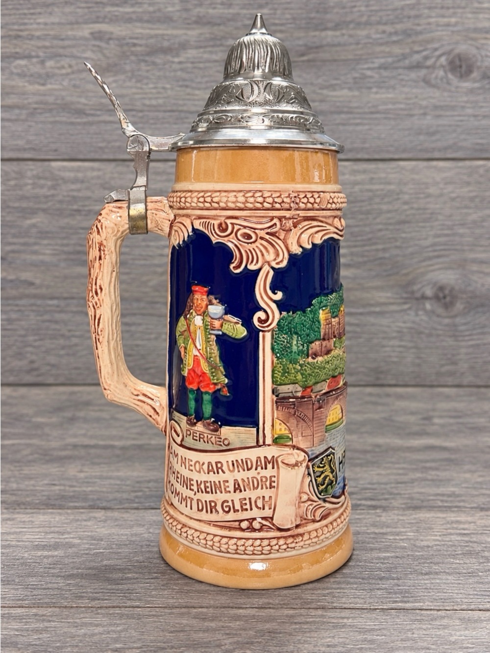 Vintage GERZ Germany Heidelberg Beer Stein Pewter Lid Relief Stoneware 9